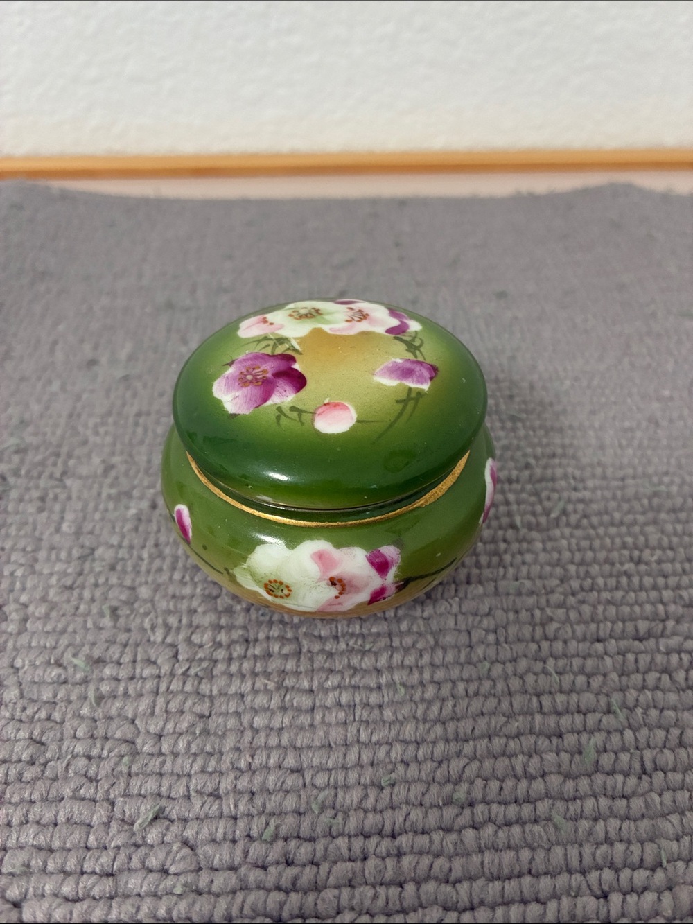 Vintage Nippon handpainted Green Floral Enamel Trinket Box